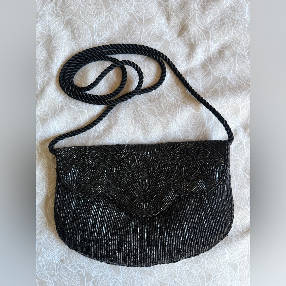 Vintage 1980s Black Beaded Women's Bag from Hong Kong
